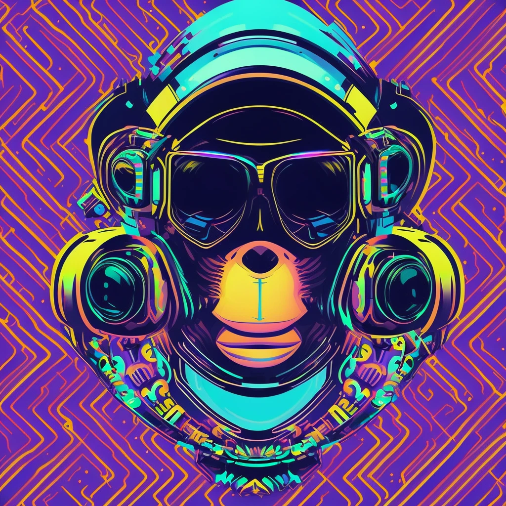 Uma figura de macaco dj futurista, com luzes nos olhos, Cercado pelo design de camiseta Vector VibraPrint Ready, Cyberpunk monkey illustration, side view, vetor profissional, design de camisetas, grafity, vibrante nt futurista paisagem urbana.