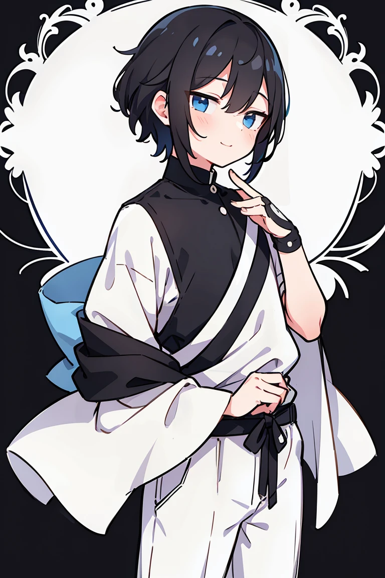 1 A boy dressed in white,male people,Cheerful and lively,Welcoming and lovely,Charming, Handsome,fashion hair,short detailed hair,Playful expression,Side face avatar,Black color hair,vivid background,