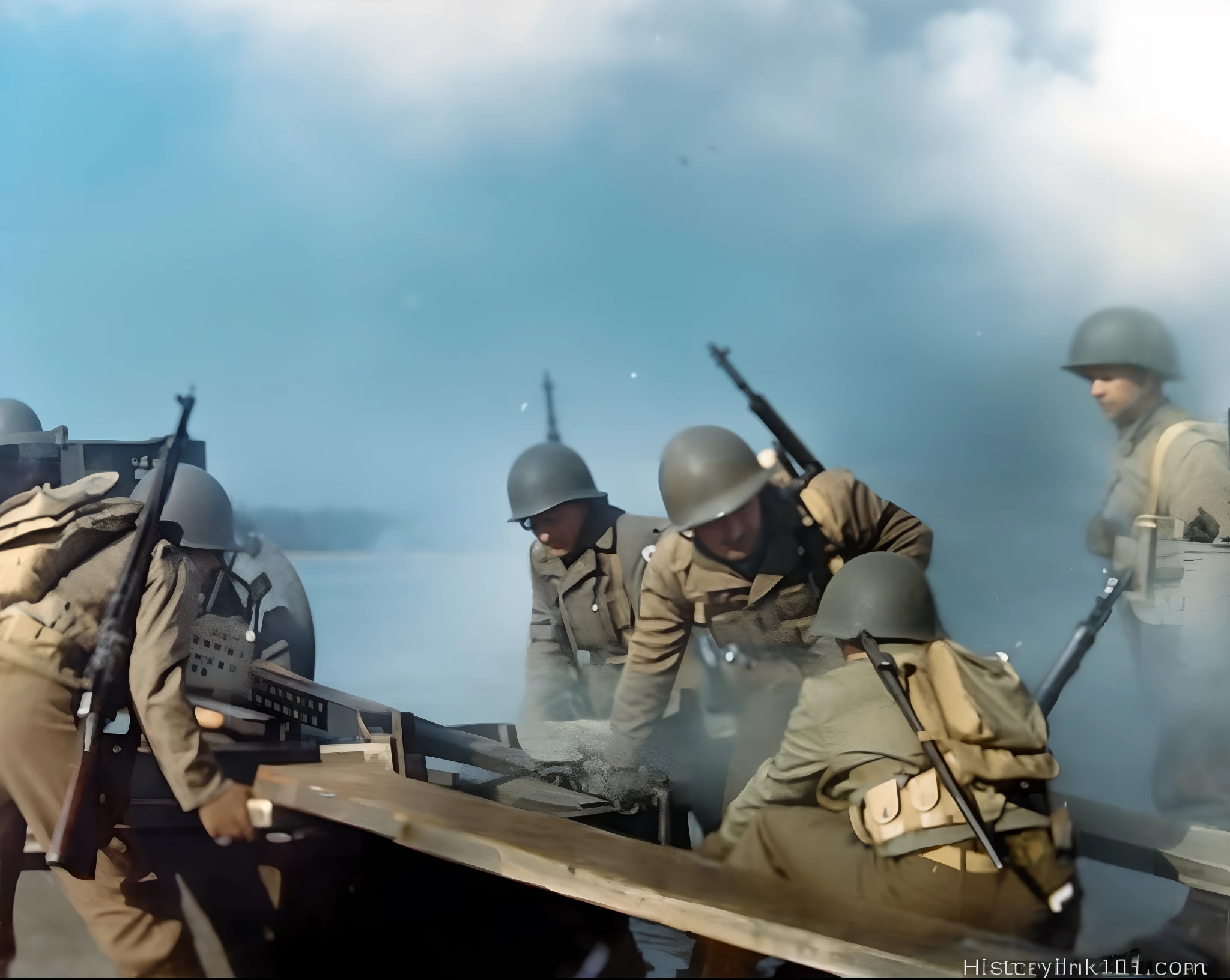 soldiers in a boat with a gun and a gun on the water, wartime footage, ww2 photo, fighting in world war 2, ww2 historical photography, ww 2 historical photography, war footage, storming the beaches of normandy, soldiers charging the enemy, ww2 historical photo, wwii, ww2, ww 2, ww2 era, soldiers charging in