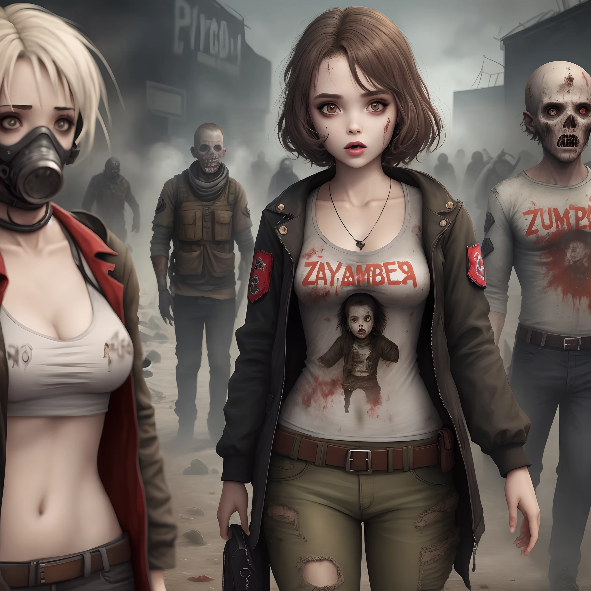Menina com roupa de apocalipse, numbers 34 in clothes on the sleeve and chest, apocalyptic scenario with zombies behind.