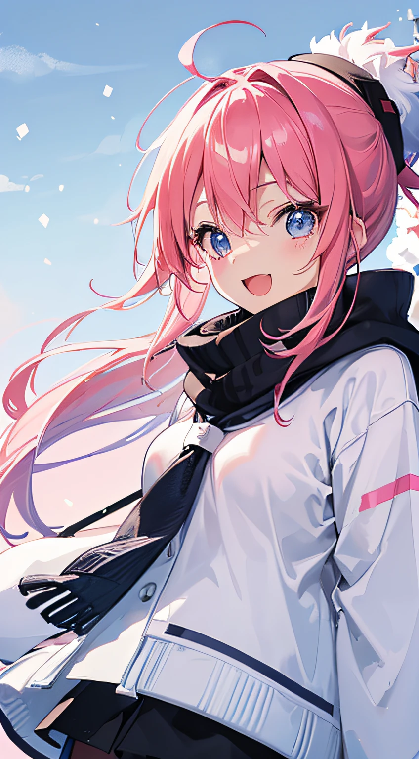 ((Ultra-detailed)), (top-quality),((masutepiece)), ((Super exciting)), ((8K)), ((extremely clear)), ((Very sophisticated)), ((Photography)), (Anime quality), (2D), japanaese girl, , Pink hair, Short ponytail, Hair Ribbon, Ahoge, drooping eyes, Blue eyes, Clear eyes, long eyelashes, Thin eyebrows, Beautiful breasts, Have a snowboard、Snow slopes、a smile、Opening Mouth、a ski、Skin that has risen、Pink Ski Wear、knit hat、Sky background、neck warmer、gloves、dynamic angle, Snow goggles、Black tights、Exhaled breath is white