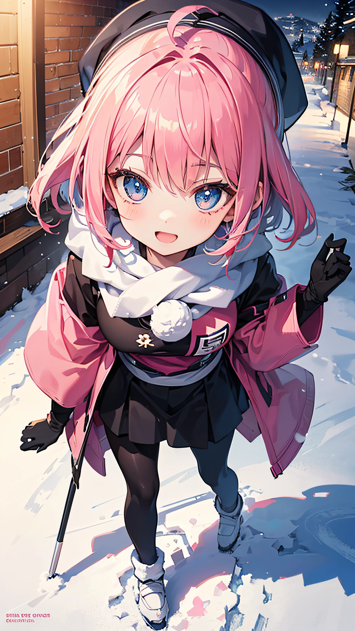 ((Ultra-detailed)), (top-quality),((masterpiece)), ((Super exciting)), ((8K)), ((extremely clear)), ((Very sophisticated)), ((Photography)), (Anime quality), (2D), portrait of a full body, Japanese girl, a baby face, Pink hair, Short ponytail, Hair Ribbon, Ahoge, drooping eyes, Blue eyes, Clear eyes, long eyelashes, Thin eyebrows, Beautiful breasts, smile, Opening mouth, Skin that has risen, Pink Ski Wear, Long black tights, knit hat, neck warmer, gloves, dynamic angle, Snow goggles on the head, White sigh, Snow boots, Clear Body, Clear eyes, Looking at Viewers, Light shines in, natural skin texture, Dancing Snow, is standing, Emphasize the face, look from above, detailed face description, upper light, shiny glistening, gleaming, lodge background, at night, Ski Resort Background,