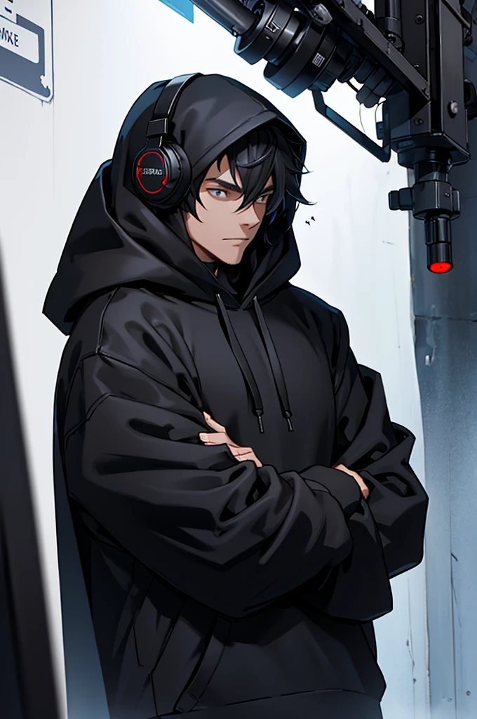 a person wearing a hoodie and a pair of headphones, wearing a black hoodie, wearing a dark hood, black hoodie techie, wearing black hooded cloak, dressed black hoodie, in a black hoodie, black hoodie, men