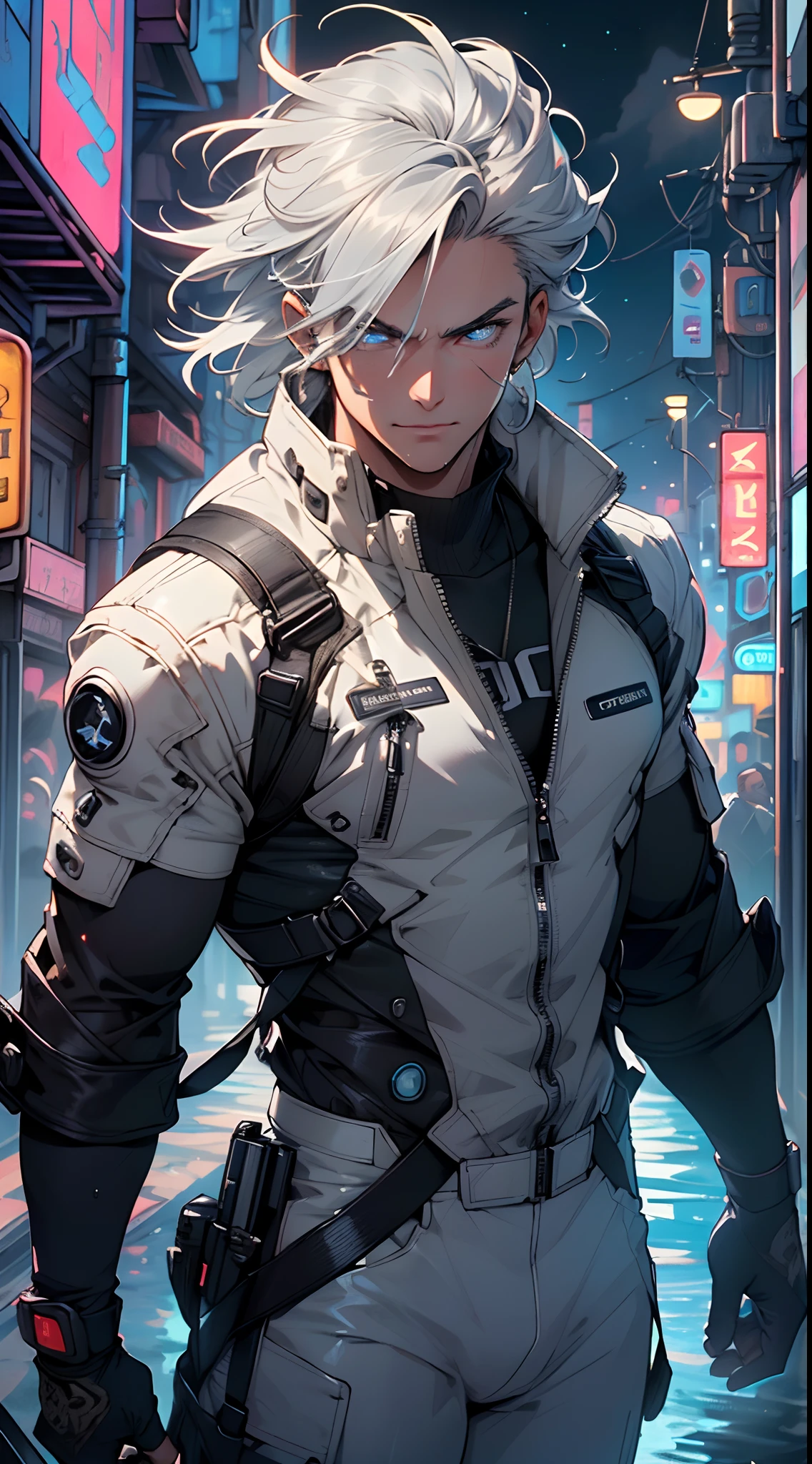(man:1.5),1 man,space adventure man,(((1man))),
(((1male,man:1.5,handsome man,male,male gender:1.5,male focus))),macho man,old man,big muscle, pectoral, big pectoral, muscular, Mature man,45 year old man,adult,1 man, old macho man
((short gray hair,slicked hair,gray hair)),(((lustrous skin:1.5,tanned skin,bright skin: 1.5,skin tanned,shiny skin,very shiny skin,shiny body,illuminated skin))),(((blue_eyes:1.2))),intricate eyes,beautiful detailed eyes,symmetrical eyes,man chest,handsome face,(((white very short beard, silver very short beard))),((muscular,hairy body,muscular man)),(((detailed face))),
alluring look,nsfw,Viking, barbarian,
space suit pants,((bulge in pants)),((space suit outfit, blue space suit,short sleeve spacesuit)),(wearing a space suit outfit:1.3,space suit clothes),((wet clothes,intricate outfit,intricate clothes)),
(dynamic pose:1.0),solo focus,((evil smile,evil look)),(centered,scale to fit dimensions,Rule of thirds),
cyberpunk city by the ocean at night, with bright neon signs and dark stormy clouds and puddles, scenery:1.25,nighttime, starry night, cosmos,Very dark night that makes the neon lights stand out, very bright neon lights,
artistic photography,(photography taken by sldr),highres, sharp focus,(ultra detailed, extremely detailed), (photorealistic artwork:1.37),(extremely detailed CG unity 8k wallpaper),((synthwave background theme)),(((vibrant colors))),intricate,(intricate background),(masterpiece),(best quality),photo realistic,analog style,((intricate detail)),(((realism))),