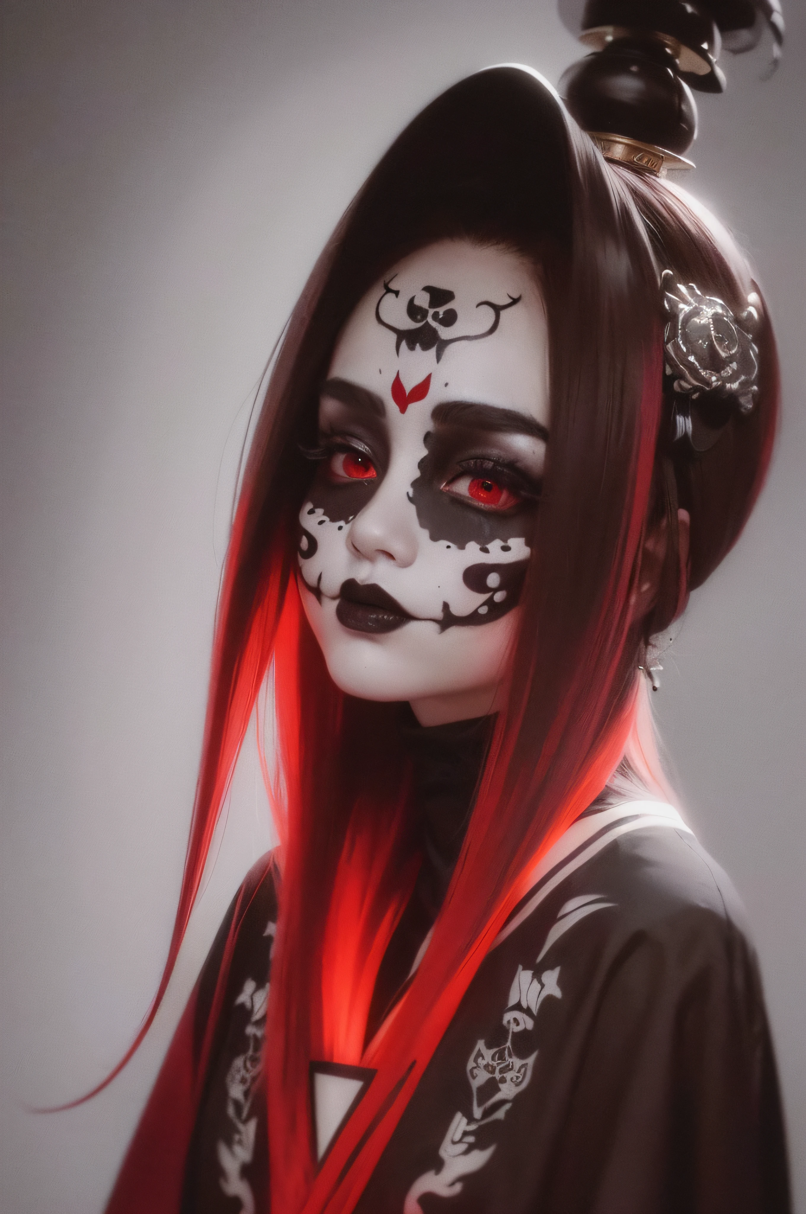 "(The best lighting, oscuro, dramatic),(feto calavera geisha escupiendo tinta roja, Cicatrices, sexy, cerebro, sangre, una rata dentro de la cabeza, terror.),(ojos rojos, calaveras). volumetric light.