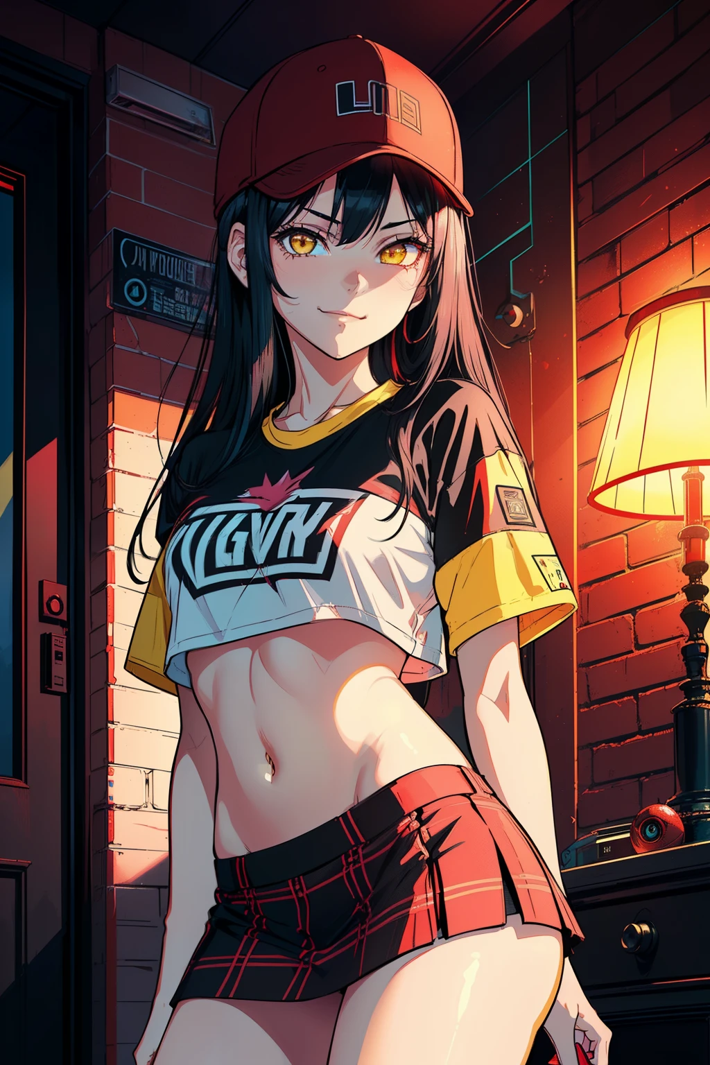 (1 girl, nsfw), (best quality, high-res, ultra-detailed, anime style, pastel), ((long black hair, yellow eyes, looking at viewer, smug eyes, slightly smiling)), (vaporwave appartment, red room aesthetic, red lightning, red cyberpunk apartment, red light, dark red lights), baseball cap, crop top, plaid micro mini skirt, sexy shot