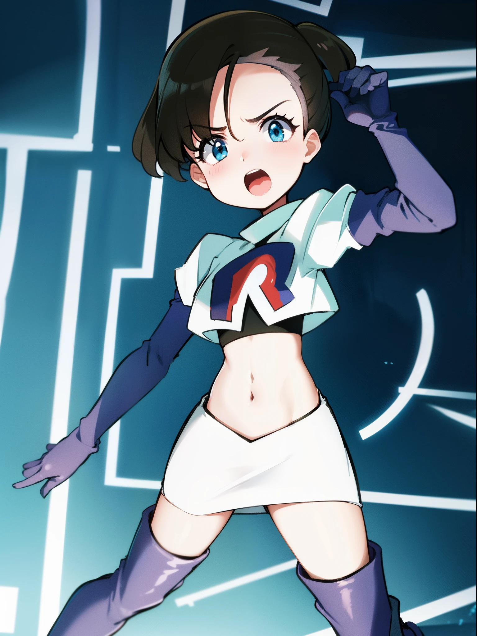 pokemonmarnie,team rocket,team rocket uniform,white skirt,crop top,black thigh-high boots,black elbow gloves,