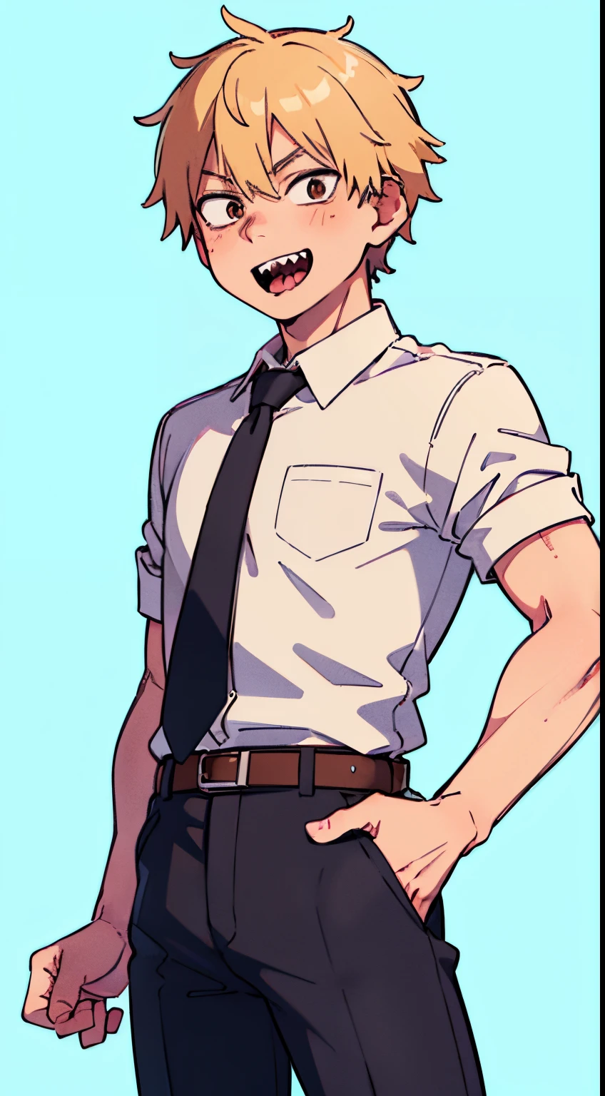 (masterpiece, best quality:1.2), cowboy shot, solo, male focus, looking at viewers,  1boy, denji, sharp teeth, blonde hair, evil smile, open mouth, sticking out tongue, 0pen, looking at viewer, blonde hair, brown eyes, white collared shirt, black necktie, sleeves rolled up, black pants, belt, (highest resolution, distinct_image)