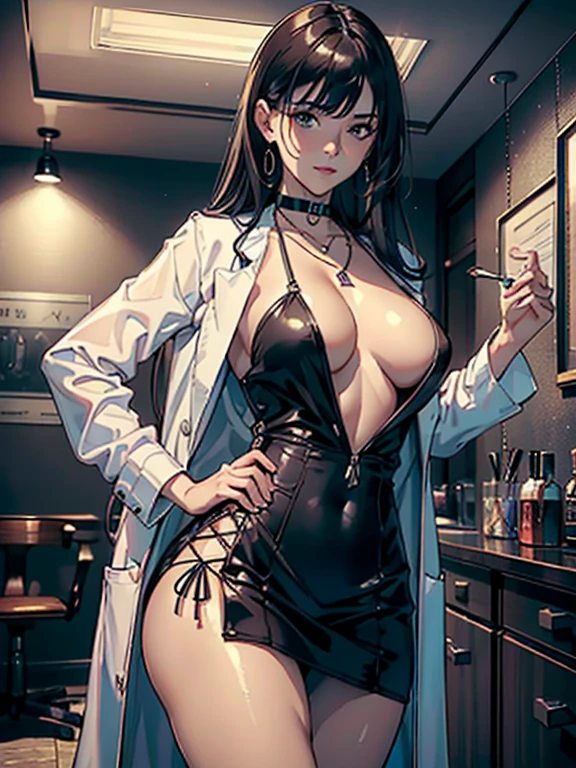 (ultra-realistic rendering, best quality), ((Top Quality, 16k, Masterpiece: 1.3)), (Beauty, 1 Girl), hot shot, aroused, absurdness, perfect anatomy, (Small smile), necklace, choker, dress, (Big breasts:1.3), braless, defined abdomen, labcoat, standing, doctor office background, sexy pose