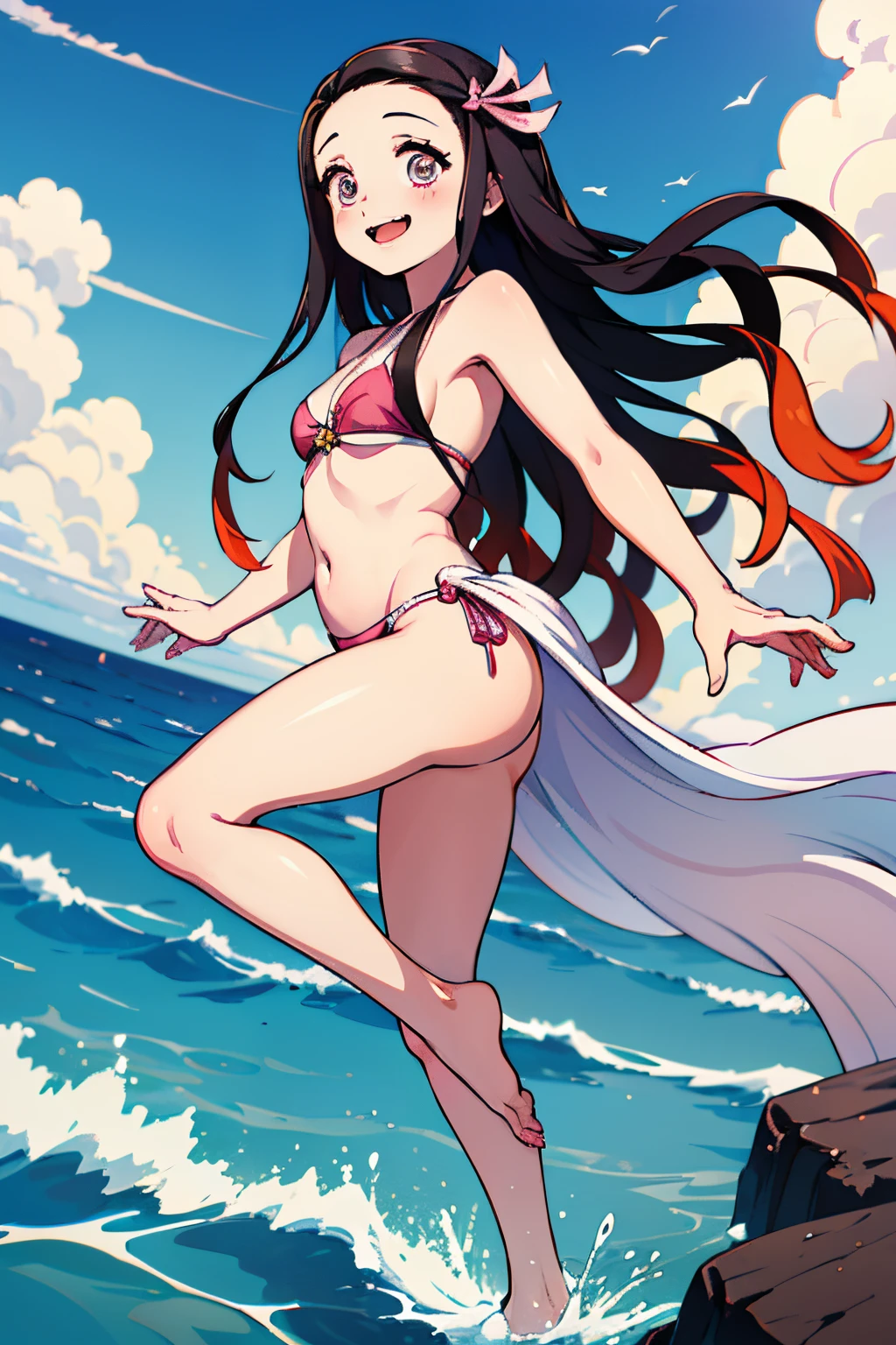 (La mejor calidad,4k,8k,Altas Resoluciones,obra maestra:1.2),ultra detallado,(realista,fotorrealista,fotorrealista:1.37),la hermosa Nezuko Kamado con ojos impresionantes en un bikini rosa vibrante,Nezuko Kamado en una animada escena de playa con aguas cristalinas y playa de arena suave,Nezuko Kamado posando con gracia con una sonrisa serena en su rostro,Nezuko Kamado de pie cerca de una hermosa palmera,Nezuko Kamado standing on a rocky cliff overlooking the vast ocean,Nezuko Kamado rodeado de flores y plantas tropicales,El cabello suelto de Nezuko Kamado bailando en la suave brisa marina,Nezuko Kamado with a radiant sun setting in the background,Nezuko Kamado's slender figure glowing in the warm sunlight,La delicada piel de Nezuko Kamado reflejando los rayos dorados del sol,Nezuko Kamado's cute pink bikini contrasts with the vibrant blue of the ocean,Nezuko Kamado's elegant posture accentuates her charm and beauty,Nezuko Kamado's eyes fill with curiosity and joy as she explores the beach,La risa contagiosa de Nezuko Kamado resonando en el tranquilo ambiente de la playa,El bikini rosa de Nezuko Kamado complementa su personalidad suave y elegante,Nezuko Kamado exuda confianza y gracia mientras camina por la costa,El bikini de Nezuko Kamado mostrando su esbelta figura y sus proporciones perfectas,El atuendo de playa de Nezuko Kamado que resalta su fuerza y feminidad,Nezuko Kamado enjoying the warm sand beneath her feet and the soothing sound of the waves,Nezuko Kamado is relaxed, carefree expression,Nezuko Kamado irradiando felicidad y abrazando la belleza de la naturaleza,La sonrisa pura e inocente de Nezuko Kamado captura los corazones de los espectadores,Nezuko Kamado's cheerful spirit shining through her eyes,Nezuko Kamado is the epitome of youth and vitality,Nezuko Kamado's presence brings warmth and joy to the beach,Nezuko Kamado toma el protagonismo con su confianza y elegancia,Nezuko Kamado's youthful energy filling the air with excitement and joy,La vibrante personalidad de Nezuko Kamado coincide con la