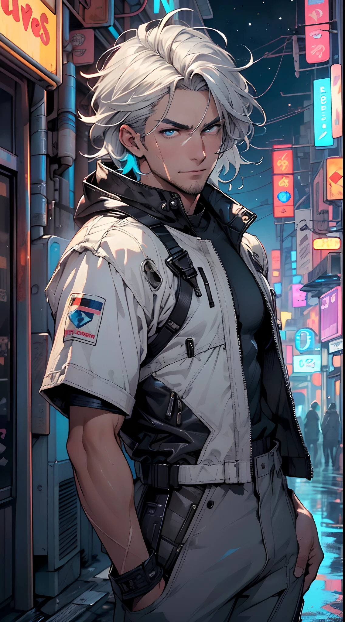 (man:1.5),1 man,space adventure man,(((1man))),
(((1male,man:1.5,handsome man,male,male gender:1.5,male focus))),macho man,old man,big muscle, pectoral, big pectoral, muscular, Mature man,45 year old man,adult,1 man, old macho man
((short gray hair,slicked hair,gray hair)),(((lustrous skin:1.5,tanned skin,bright skin: 1.5,skin tanned,shiny skin,very shiny skin,shiny body,illuminated skin))),(((blue_eyes:1.2))),intricate eyes,beautiful detailed eyes,symmetrical eyes,man chest,handsome face,(((white very short beard, silver very short beard))),((muscular,hairy body,muscular man)),(((detailed face))),
alluring look,nsfw,Viking, barbarian,
space suit pants,((bulge in pants)),((space suit outfit, blue space suit,short sleeve spacesuit)),(wearing a space suit outfit:1.3,space suit clothes),((wet clothes,intricate outfit,intricate clothes)),
(dynamic pose:1.0),solo focus,((evil smile,evil look)),(centered,scale to fit dimensions,Rule of thirds),
cyberpunk city by the ocean at night, with bright neon signs and dark stormy clouds and puddles, scenery:1.25,nighttime, starry night, cosmos,Very dark night that makes the neon lights stand out, very bright neon lights,
artistic photography,(photography taken by sldr),highres, sharp focus,(ultra detailed, extremely detailed), (photorealistic artwork:1.37),(extremely detailed CG unity 8k wallpaper),((synthwave background theme)),(((vibrant colors))),intricate,(intricate background),(masterpiece),(best quality),photo realistic,analog style,((intricate detail)),(((realism))),