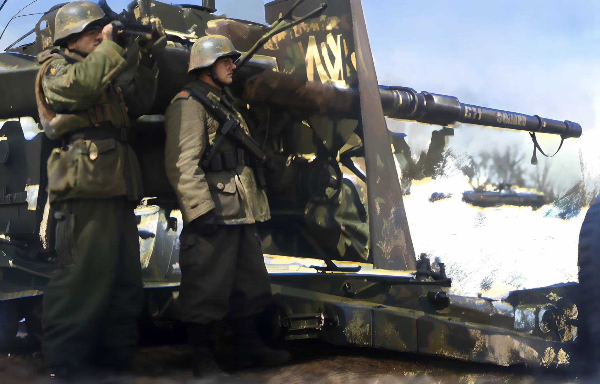soldiers standing next to a military vehicle with a large sign on it, close up view, ultra detail. digital painting, heavy vignette!, digitally painted, eastern front, close - up view, close-up view, close - up shot, close-up shot, by Ludwik Konarzewski, medium close-up shot, bottom angle