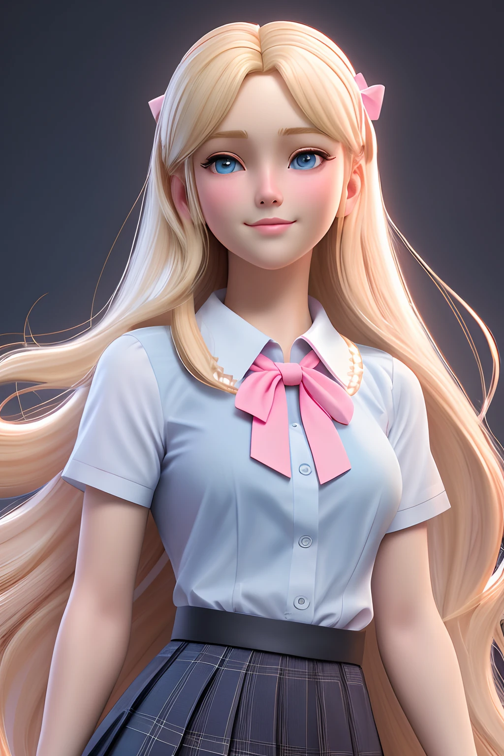 close up 1girl in, ager, Solo, Aesthetic artwork, blond, straight blonde hair, super long blonde hair, light blue eyes,  some small freckles, pale skin, A-cup, small breasts, runners body, (thin hips, thin waist: 1.25), detailed skin, shy smile, wearing a short sleevebutton down white blouse, pink jk bow, short pleated skirt, school girl uniform, 50mm, 4k textures, soft cinematic light, RAW intricate, elegant, highly detailed, sharp focus, ((((cinematic look)))), soothing tones, insane details, intricate details, hyperdetailed, low contrast, soft cinematic light, dim colors, exposure blend, hdr, faded