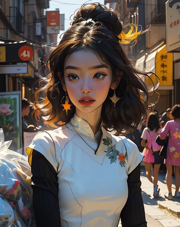 Beautiful face, beautiful body, Girl standing in the clouds staring up as the stars, stars floating around her, brilliant colors, amazing swirls of cosmic dust, colorful vibrant, glowing lights and  light particles, Create digital artwork in the Pop Art style, Featuring a vibrant and confident young Asian girl，street fashion (dress), Movie color scheme, Surrounded by vintage flower motifs, Vibrant brushstrokes,Emotions should be dynamic, Upper body, Drawing, illustration,  Many flowers,