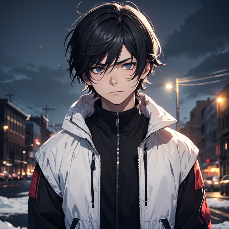 digital art, 4k, anime, teenage boy, medium black hair, cold, melancholy, dark backdrop, half body up