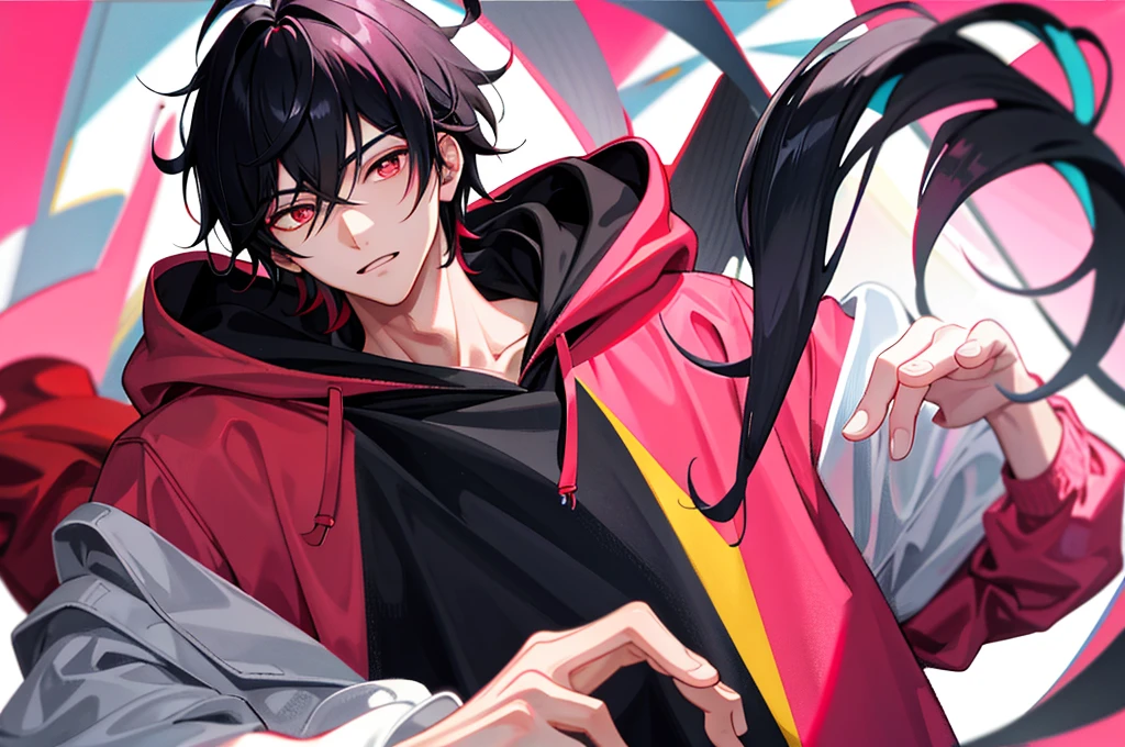 1 handsome boy, black hair, coma hair, coma hair, korean hair, red eyes, street style, gradattion hoodie pink yellow, collor full background, shiny, viewing viewer, upper body