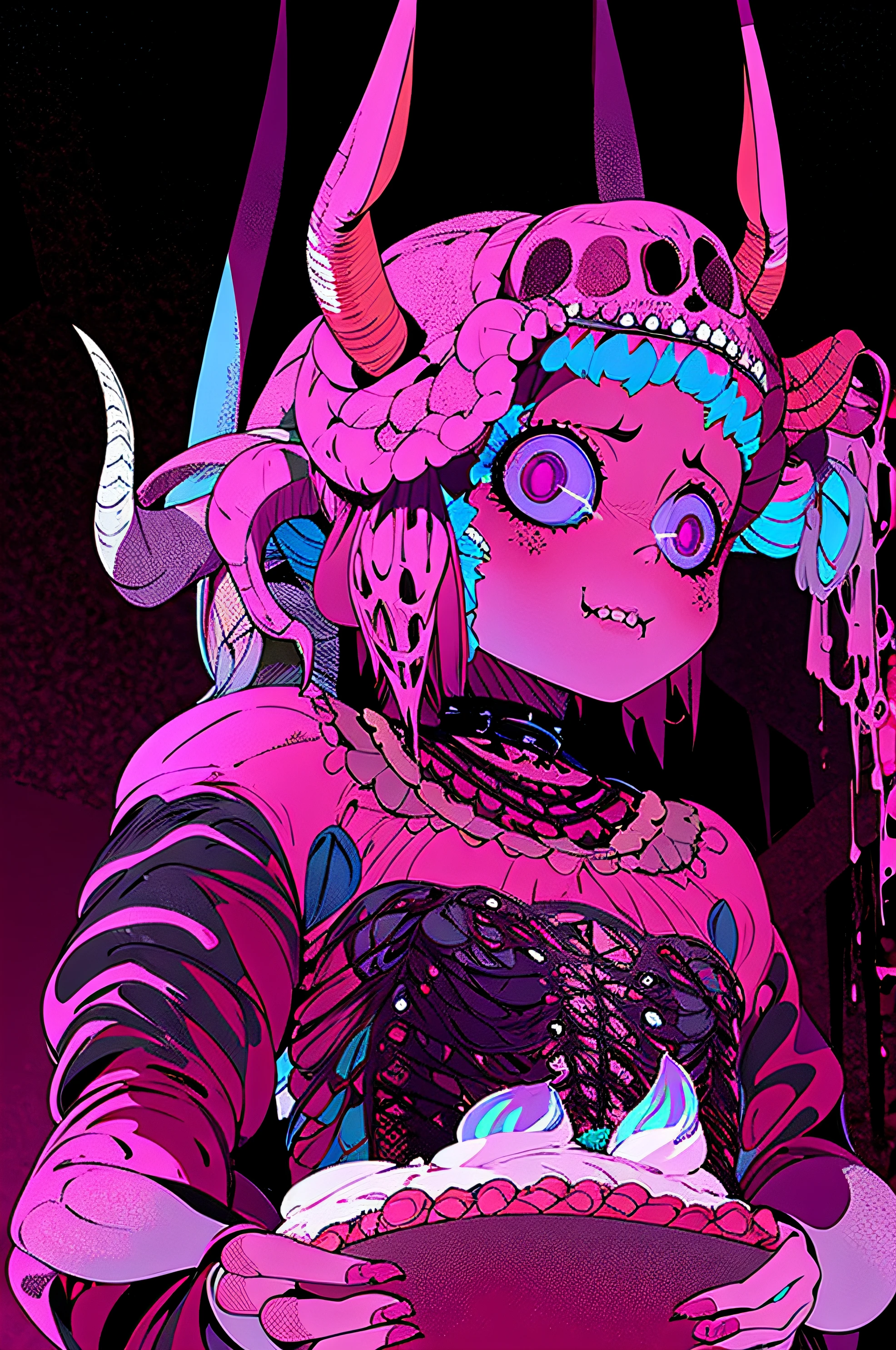 official art, unity 8k wallpaper, ultra detailed, beautiful and aesthetic, High quality, beautiful, masterpiece, best quality, (zentangle, mandala, tangle, entangle:0.6), flat color, limited palette, low contrast, a cute girl serving cake to demons, pink, bright pastel colors, kawaii, (horror), eerie, rabbit skull, goat skull, in hell, creepy, demons, claws, best lighting