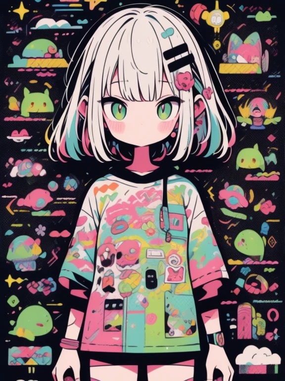 alta qualidade、Paleta de cores neon、High-level image quality、kawaii menina、Unprecedented number of draws、estilo anime、Geometric pattern background、estilo de adesivo、short hair、Cabelos escuros、olhos castanhos, messy hair, Menhera, Ataduras, roupas largas, camiseta baggy, self-harm, Guro, Escuro, deprimido, bolsas oculares, olhos pesados, Olhos escuros