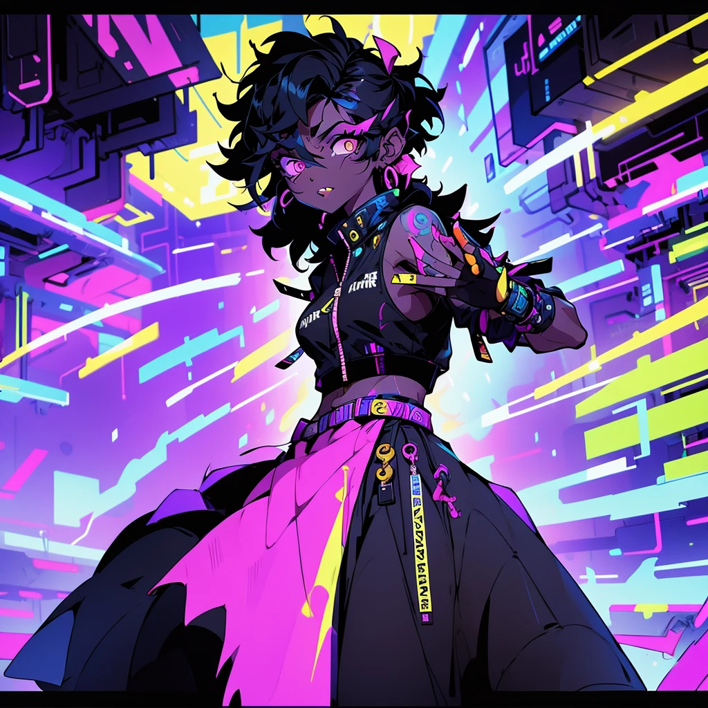 young woman, black skin, short curly mullet, stylish clothes, technological visor, [futuristic] [urban backdrop], vibrant atmosphere, [high fashion] [street style], [colorful] [neon lighting], [detailed facial features], [dynamic pose], [confident expression], [fierce gaze], [modern accessories], [edgy makeup], [graffiti art] [background], [energetic vibe], [youthful energy], [bold colors], [high-resolution], [photo-realistic], [professional quality], [focus on fashion], [captivating composition]