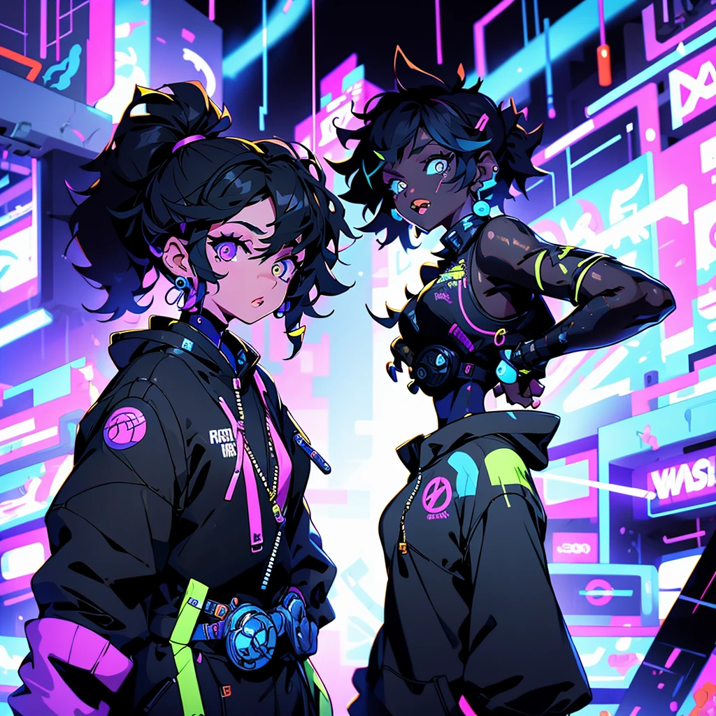 young woman, black skin, short curly mullet, stylish clothes, technological visor, [futuristic] [urban backdrop], vibrant atmosphere, [high fashion] [street style], [colorful] [neon lighting], [detailed facial features], [dynamic pose], [confident expression], [fierce gaze], [modern accessories], [edgy makeup], [graffiti art] [background], [energetic vibe], [youthful energy], [bold colors], [high-resolution], [photo-realistic], [professional quality], [focus on fashion], [captivating composition]