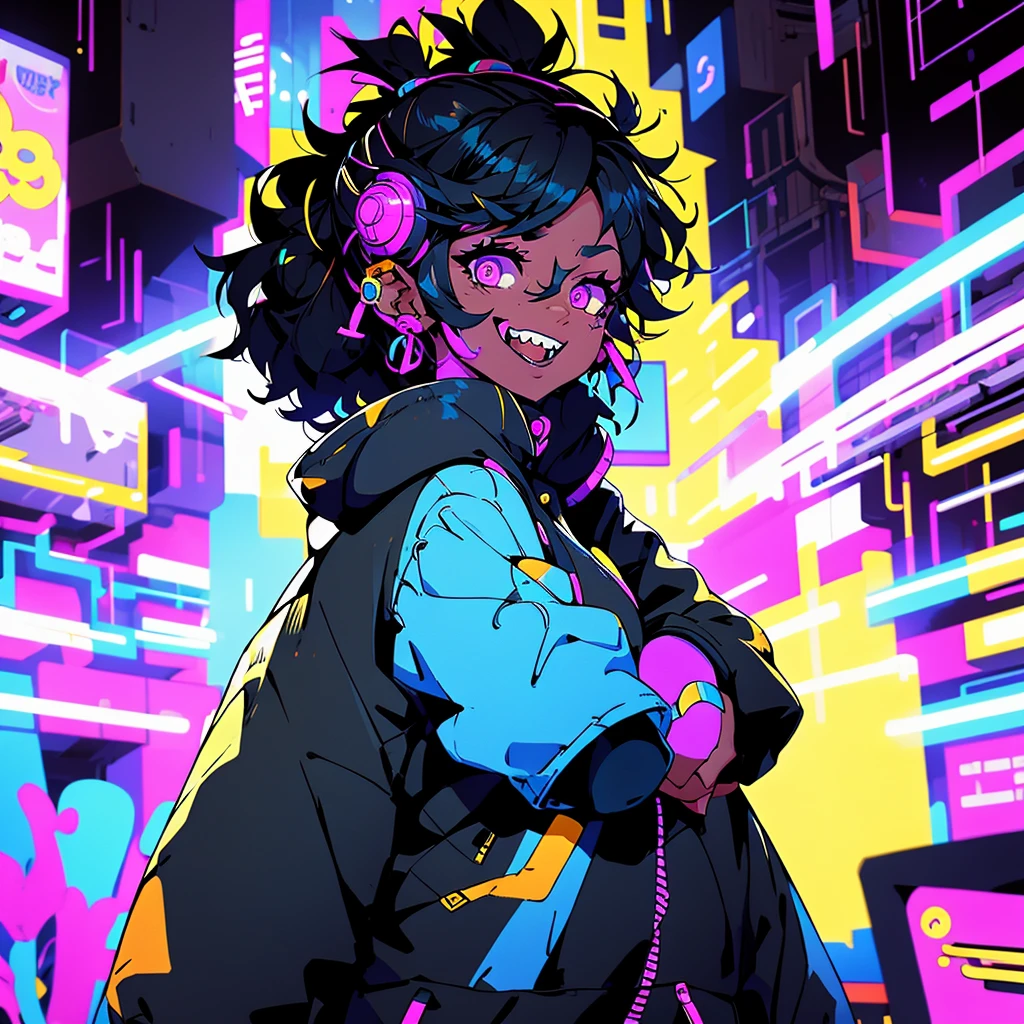 young woman, black skin, short curly mullet, stylish clothes, technological visor, [futuristic] [urban backdrop], vibrant atmosphere, [high fashion] [street style], [colorful] [neon lighting], [detailed facial features], [dynamic pose], [confident expression], [fierce gaze], [modern accessories], [edgy makeup], [graffiti art] [background], [energetic vibe], [youthful energy], [bold colors], [high-resolution], [photo-realistic], [professional quality], [focus on fashion], [captivating composition]