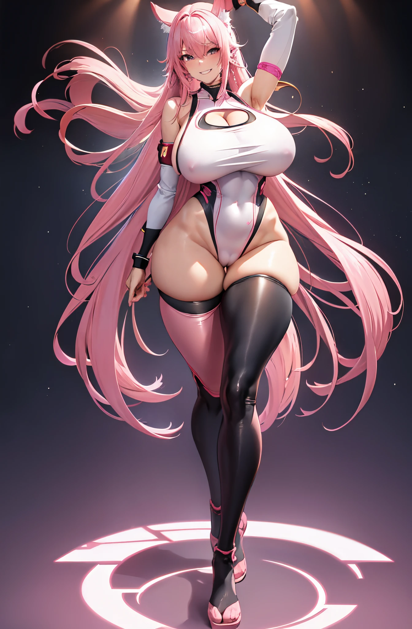 Long pink hair, Japanese, adult, gigantic chest, tight clothing, leggings, exposed shoulders, big thighs, sadistic grin, gigantic thighs, bodysuit, cleavage, white clothing, ninja, (full body:1.3), directly in front of viewer