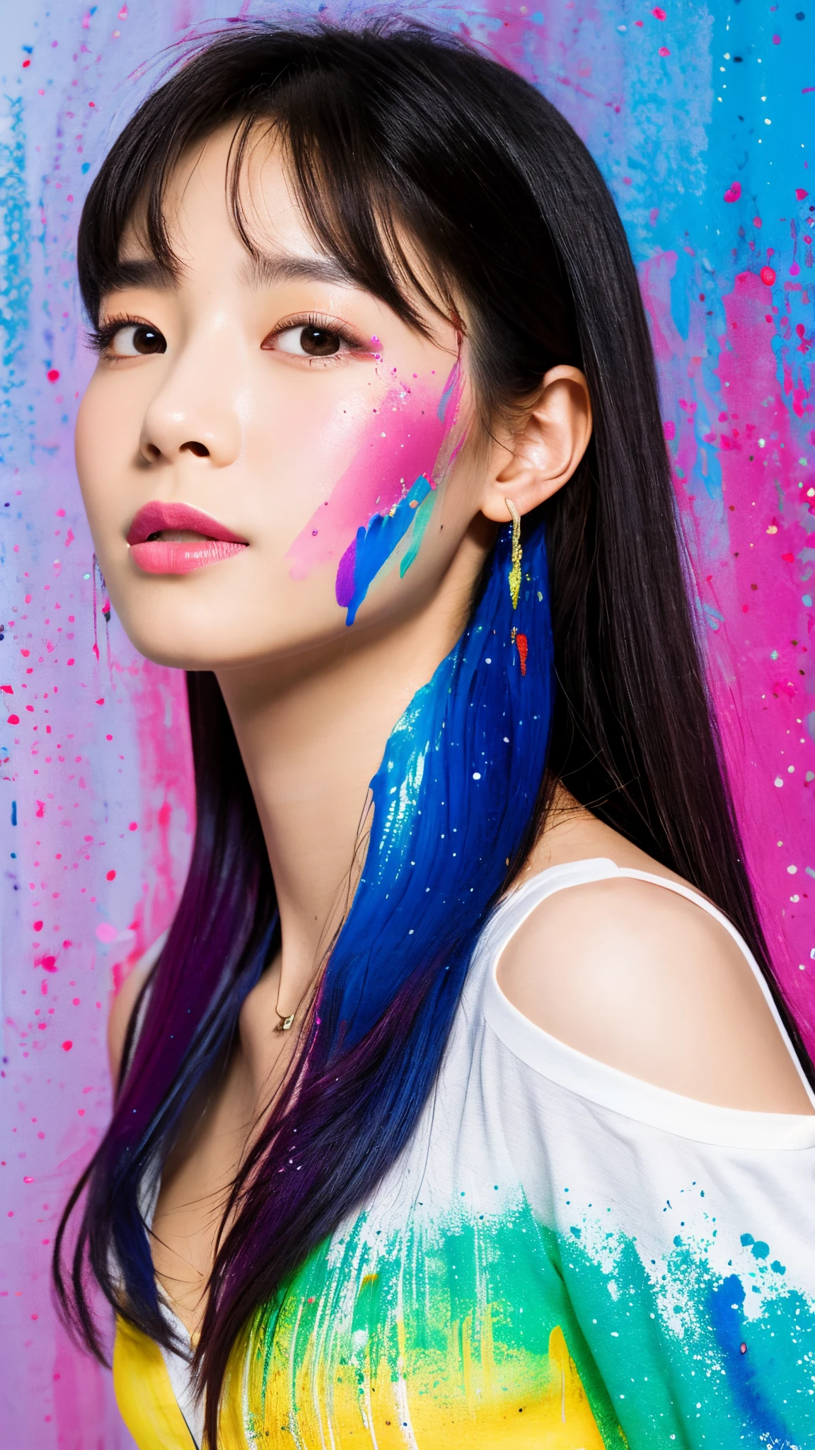 (Pink fashion T-shirt:1.9),(Colorful hair:1.8),(Rainbow all colors:1.8),((((Vertical painting:1.6))),(painting of a:1.6),frontage,comic strip,illustration,painting of a,largeeyes,crystal-clear,(rainbow color gradient high ponytail:1.7),Delicatemakeup,Keep one's mouth shut,(Small Fresh:1.5),(Bandeau:1.6),long eyelasher,White shoulder T- shirt, White Shoulder Shirt,looking at viewert,watery big eyes,medium-sized boobs,Does not expose cleavage,(rainbow colour hair:1.6), colored splashing, (Solo:1.8), colored splashing, Color explosion, Color splattering, Color explosion, Thick lacquer style,Messy lines,((Shining)) ,(Colorful), (Colorful), (Colorful), Colorful, Thick Paint Style, (Splash) (colored splashing), Vertical painting, Upper body, paint splatter, Acrylic Pigment, Gradient, Paint, Highest image quality, Highest image quality, Masterpiece, Solo, Depth of field, facepaint, Colorful clothes, (ellegance: 1.2), opulent, long whitr hair, ventania, (ellegance: 1.3), (petals: 1.4),(((Masterpiece))),(((Best quality at best))),((ultra - detailed)),(illustratio),(dynamic angle),((floatking)),(Paintwork),((Loose hair)),(Solo),(1girll) , (( (Detailed anima face))),((Beautiful detailed face)),collars,exposed bare shoulders,whaite hair,((The color hair)),((Striped hair)),Beautiful detailed eyes,(Gradient color eyes),(( (Colored eyes))),(((coloured background))),(((high saturated))),(((Surrounded by colorful splashes))),