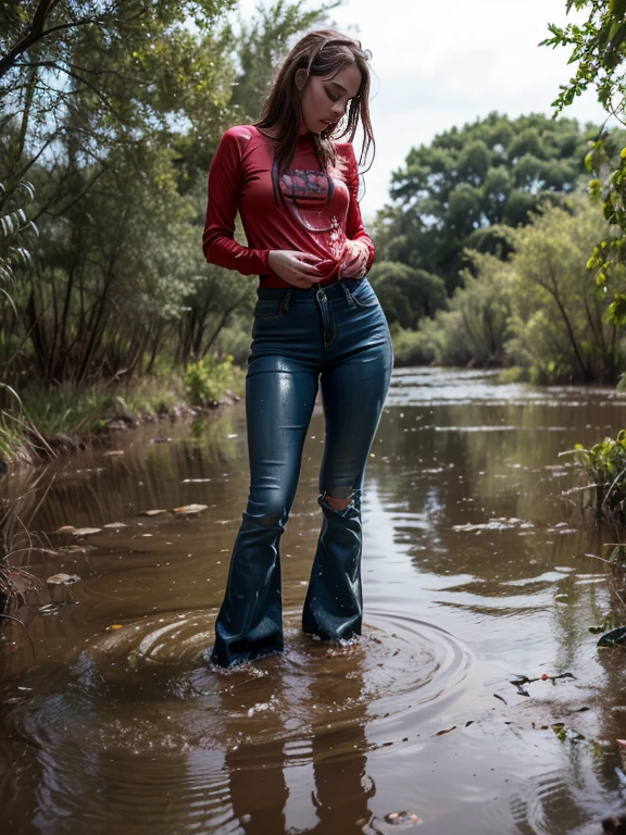 dirty exhausted girl, (Flares on fitted jeans:1.1), drowning, Standing knee-deep in a muddy swamp:1.2, Completely Body, Cracked wrinkles, pixie cut:1.2, rose hair, Dirty tight longsleeve, dramatic, atmospheric, photografic, Soaking wet clothes, (seducing:1.3)