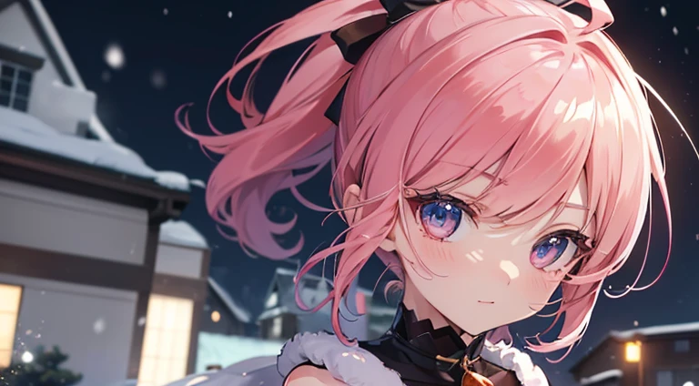 ((Ultra-detailed)), (top-quality),((masterpiece)), ((Super exciting)), ((8K)), ((extremely clear)), ((Very sophisticated)), (Anime quality), (3D), upper body, Japanese girl, a , Pink hair, Short ponytail, Hair Ribbon, Ahoge, drooping eyes, Blue eyes, Clear eyes, long eyelashes, Thin eyebrows, Beautiful breasts, a smile, closing mouth, cheek flash, White sigh, Clear Body, Clear eyes, Light shines in, gleaming, shiny glistening, natural skin texture, shine face, Dancing Snow, Emphasize the face, dynamic angle, looking at viewers, detailed face description, at night, winter snowing, look from side, Santa Claus, Santa Claus costume, passing a white present box, Christmas, at night, dark background, dark residential street background, midriff-baring