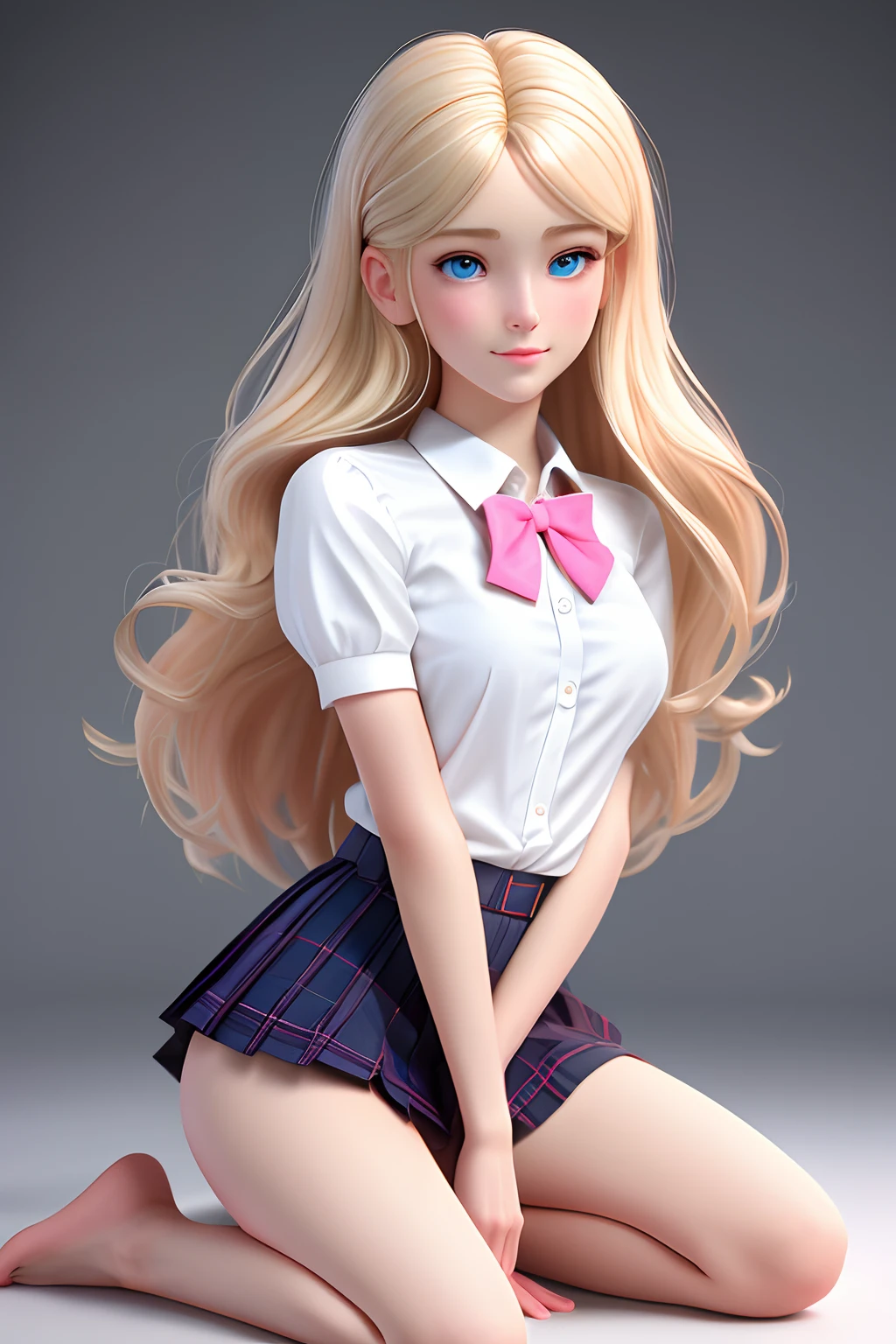 close up 1girl in, teenager, Solo, Aesthetic artwork, blond, straight blonde hair, super long blonde hair, light blue eyes, some small freckles, pale skin, A-cup, small breasts, runners body, (thin hips, thin waist: 1.25), detailed skin, shy smile, (action shot kneeling: 1.25), wearing a short sleeve button down white blouse, pink jk bow, short pleated skirt, school girl uniform, 50mm, 4k textures, soft cinematic light, RAW intricate, elegant, highly detailed, sharp focus, ((((cinematic look)))), soothing tones, insane details, intricate details, hyperdetailed, low contrast, soft cinematic light, dim colors, exposure blend, hdr, faded