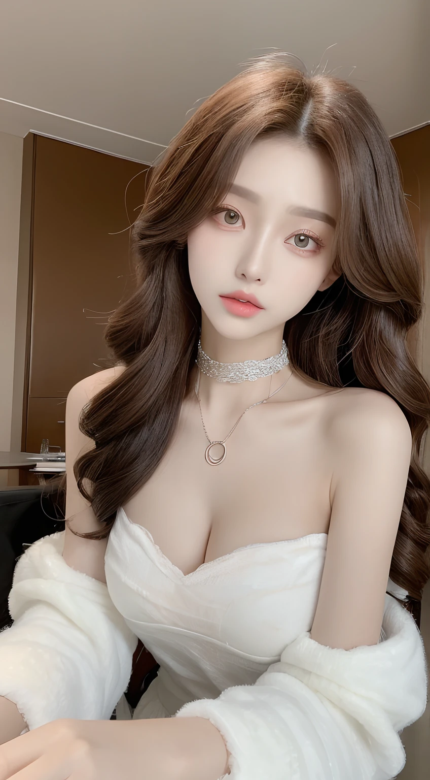 ((best qualtiy, 8K, tmasterpiece:1.3)), Focus:1.2, ((Halloween)) ((Perfect figure Beautiful Woman: 1.4)), ((Random Parted Layered Hairstyle) ((Brown Wavy Hair In Big LooseCurls)), (Protruding cleavage,Detailed Leopard Costume :1.5,Highly Detailed Face and Skin Texture,二重まぶた,Detailed Skin,Wearing Chocker, Looking At Camera, Zoom Out, Sitting At Table