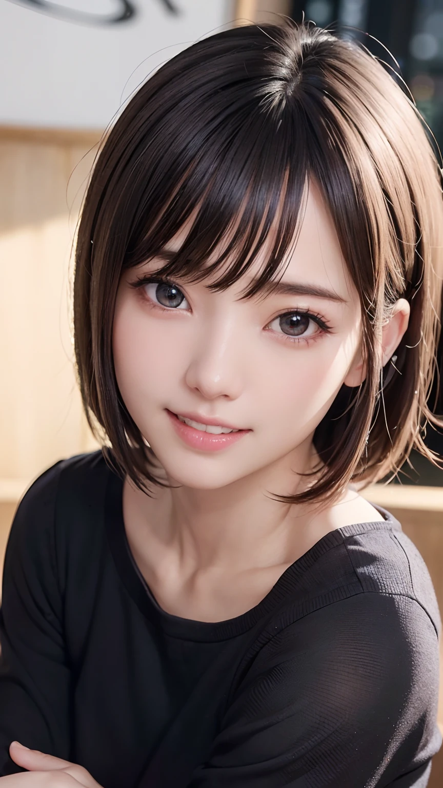 masterpiece, The highest image quality, hightquality, beautiful a girl, japanes, Japan girl, natural make up, detaileds, Swollen eyes, A detailed eye, Detailed skin, Beautiful skins, 超A high resolution, (Realistis:1.4)、cute little, Beautiful skins, (Dark blonde hair:1)、(short-hair:1.1)、short-hair、 (A hyper-realistic), (illustratio), (hight resolution), (8K), (ighly detailed), (The best illustrations), (beautifully detailed eyes), (ultra-detailliert), (wall-paper), (详细的脸), looking at the viewers, finely detail、A detailed face、pureerosfaceace_v1、A smile、((Opening Mouth:1.2))、((Show your teeth and smile))、Looking straight ahead、Looking straight ahead、angle from waist up、photos realistic、Bright lighting、profetional lighting、17 ageed sweaters