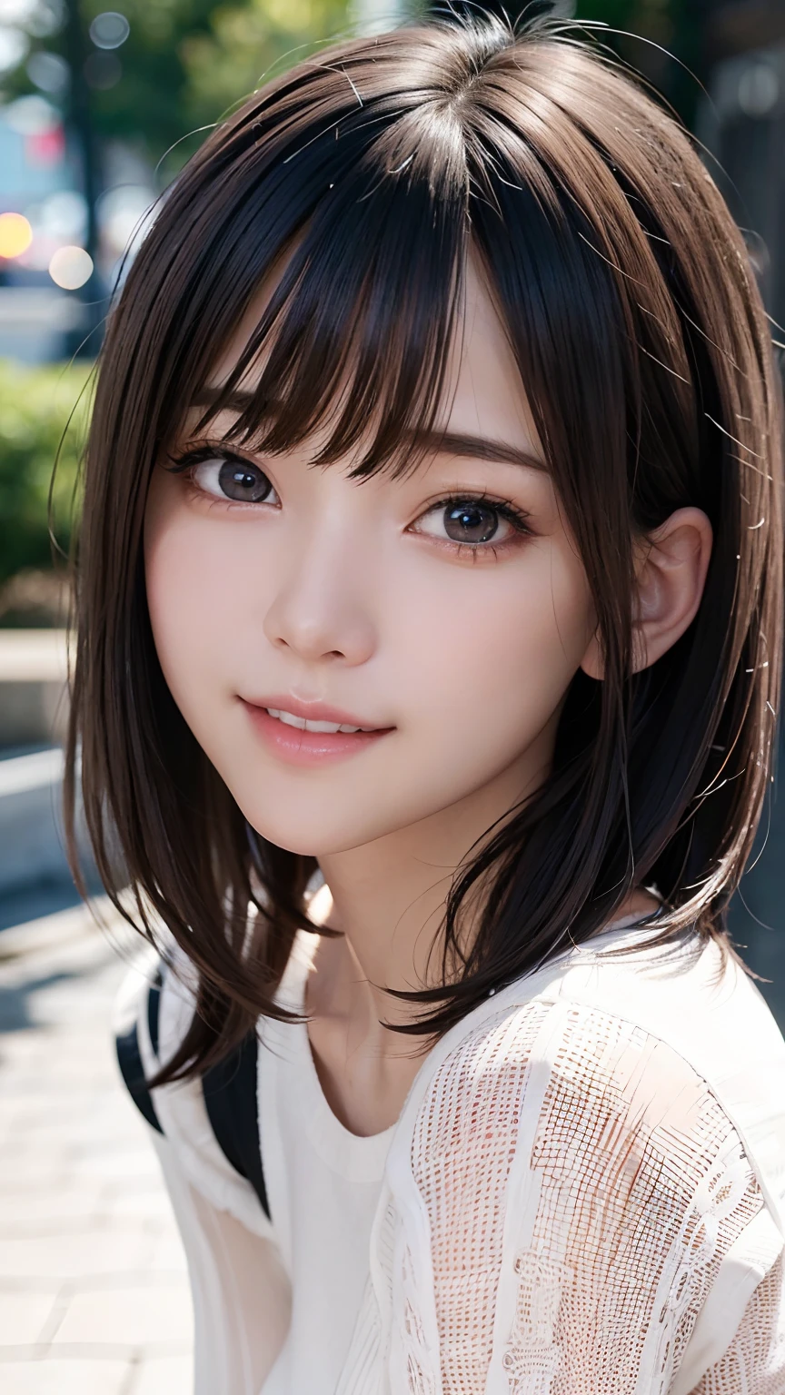 masterpiece, The highest image quality, hightquality, beautiful a girl, japanes, Japan girl, natural make up, detaileds, Swollen eyes, A detailed eye, Detailed skin, Beautiful skins, 超A high resolution, (Realistis:1.4)、cute little, Beautiful skins, (Dark blonde hair:1)、(short-hair:1.1)、short-hair、 (A hyper-realistic), (illustratio), (hight resolution), (8K), (ighly detailed), (The best illustrations), (beautifully detailed eyes), (ultra-detailliert), (wall-paper), (详细的脸), looking at the viewers, finely detail、A detailed face、pureerosfaceace_v1、A smile、((Opening Mouth:1.2))、((Show your teeth and smile))、Looking straight ahead、Looking straight ahead、angle from waist up、photos realistic、Bright lighting、profetional lighting、17 ageed sweaters