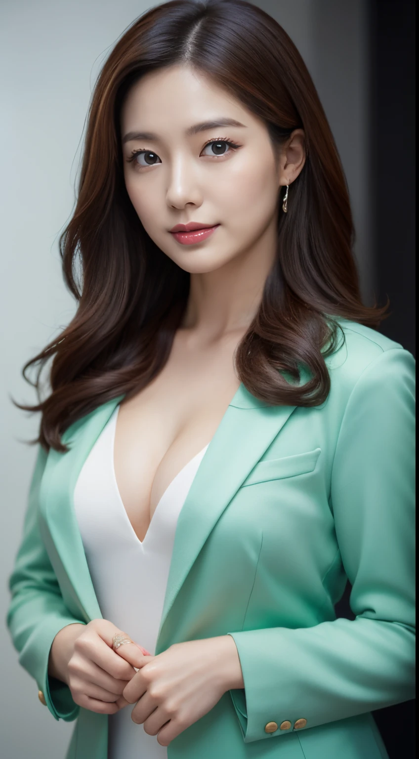 Studio photo of a beautiful Korean news anchor, female, 35 years old, beautiful facial features, captivating eyes, subtle smile, highly feminine, long wavy hair, pastel green blazer, camisole, subtle cleavage, voluptuous body, elegant vibe, look straight at the camera, hyper realistic, highly detailed, volumetric lighting, cinematic, sharp focus, 8K, front view, stunning full body shot