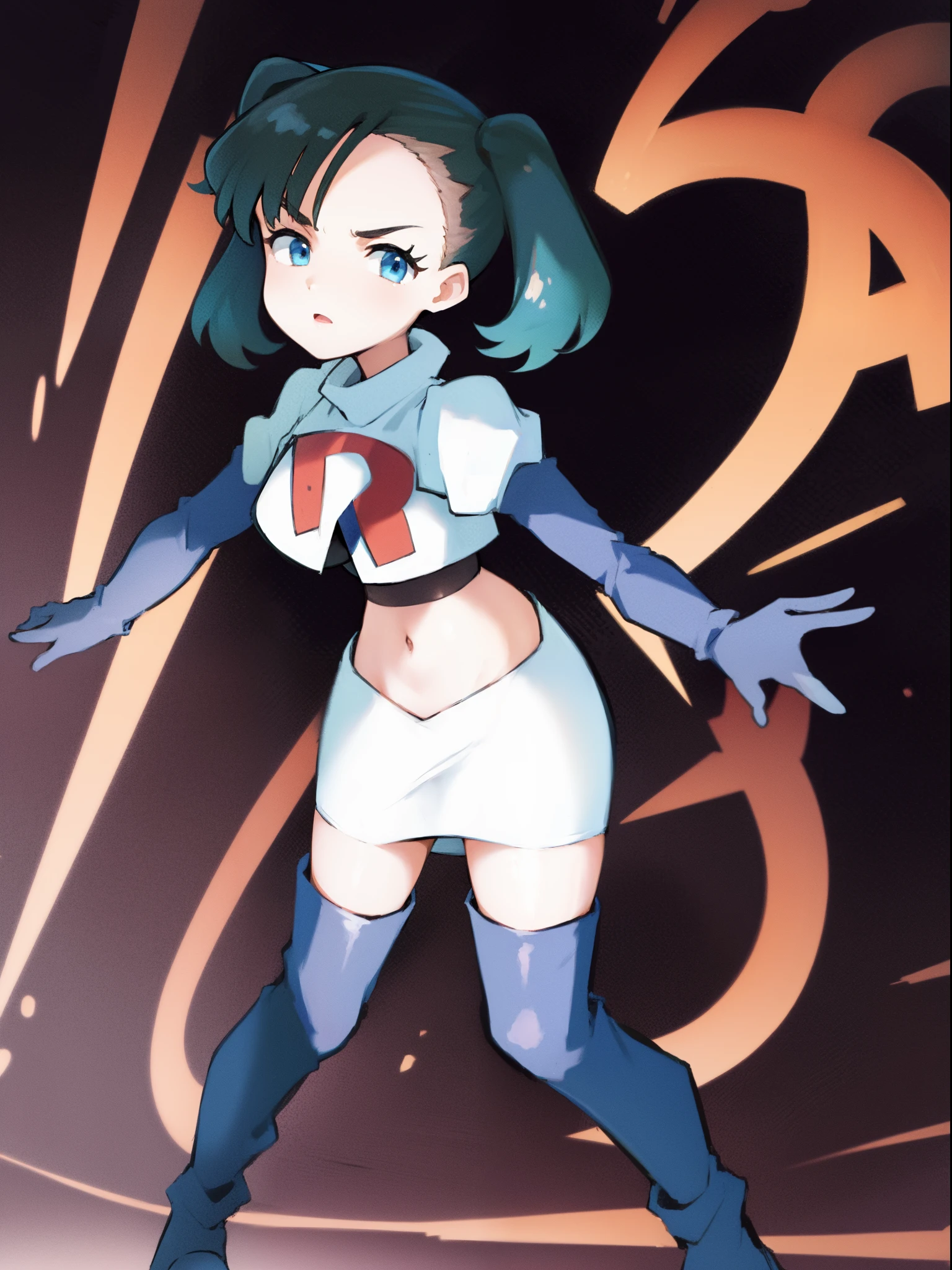 pokemonmarnie,team rocket,team rocket uniform,white skirt,crop top,black thigh-high boots,black elbow gloves,