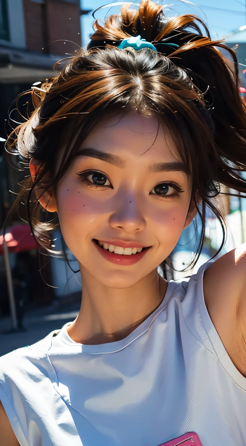 Beautiful face, beautiful body, Girl standing in the clouds staring up as the stars, stars floating around her, brilliant colors, amazing swirls of cosmic dust, colorful vibrant, light particles, Create digital artwork in the Pop Art style, Featuring a vibrant and confident young Asian girl,street fashion (vibrant), Movie color scheme, Surrounded by vintage flower motifs, Vibrant brushstrokes,Emotions should be dynamic, Upper body, Drawing, illustration, Many flowers,