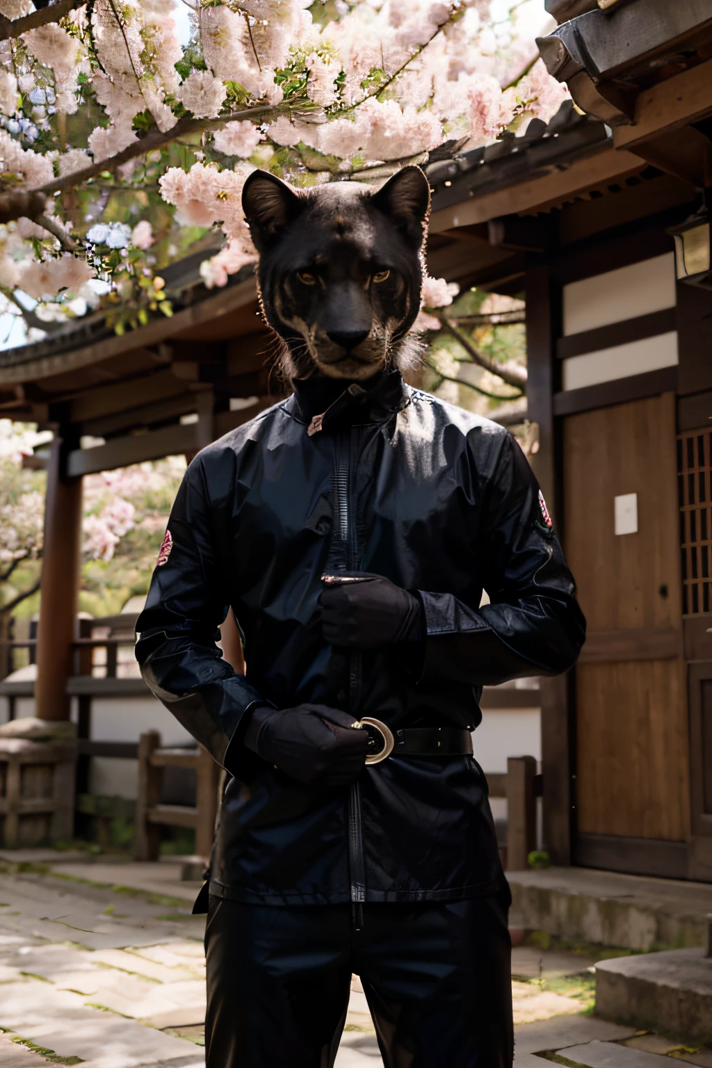 "(best quality,Altas),pantera vestindo uma roupa de ninja,foto frontal 3x4 de um animal preto,standing in front of the viewer,in the background of a Japanese temple,textura detalhada,pele preta brilhante,foco nítido,realistic lighting,templo cercado por cerejeiras em flor,vivid colors,contraste entre a pantera e as flores de cerejeira rosa"