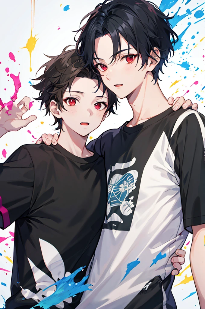 1 boy, handsome boy, black hair, comma hair, forehead comma hair, korean hair, Red eyes, T shirt, pink and blue splash, looking at viewer, upper body