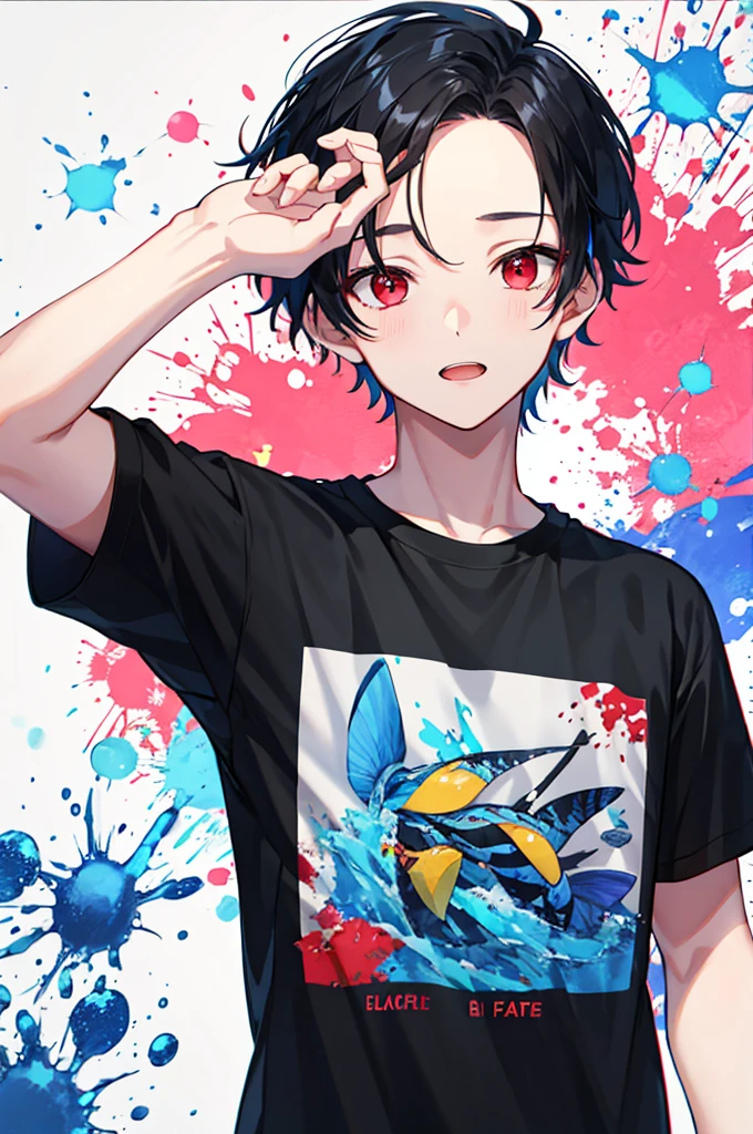 1 boy, handsome boy, black hair, comma hair, forehead comma hair, korean hair, Red eyes, T shirt, pink and blue splash, looking at viewer, upper body
