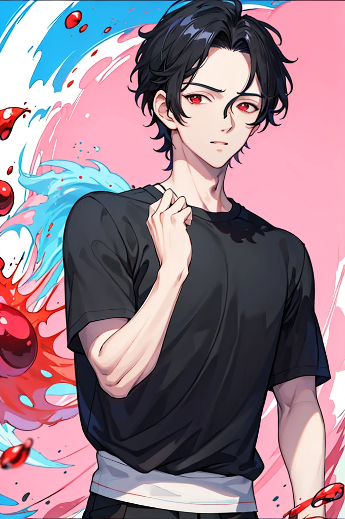 "(handsome boy:1.5),black hair,comma hair,forehead comma hair,Korean hair,red eyes,T-shirt,pink and blue splashing,looking at viewer,upper body"