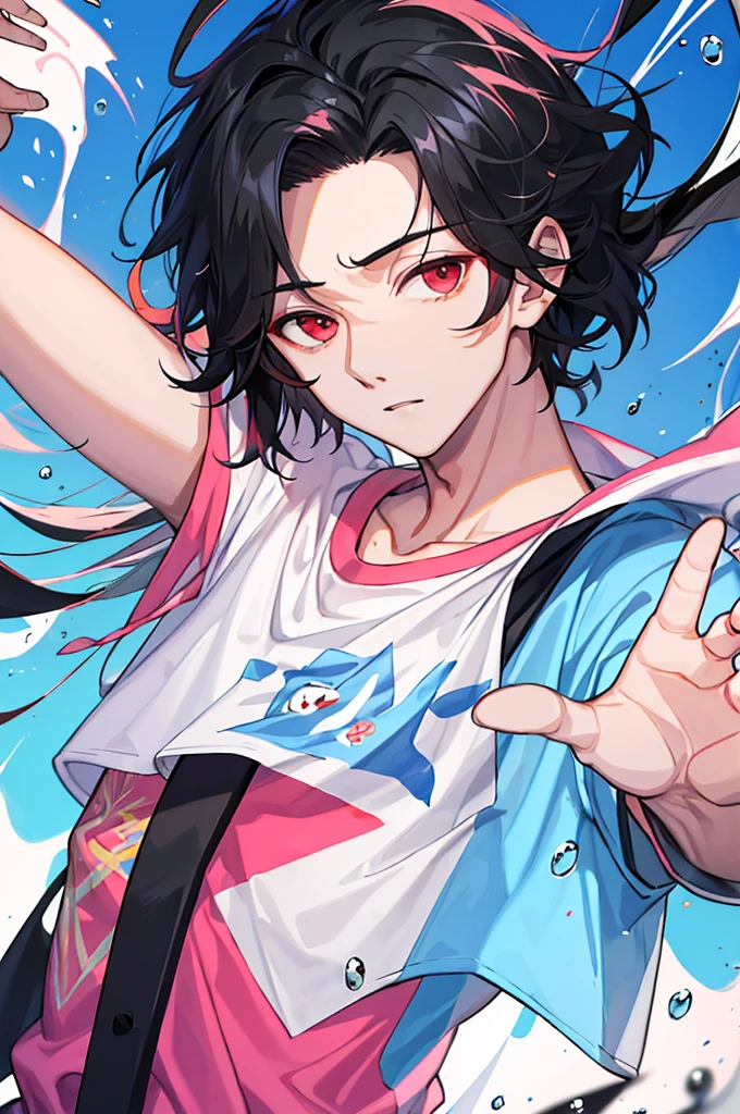 "(handsome boy:1.5),black hair,comma hair,forehead comma hair,Korean hair,red eyes,T-shirt,pink and blue splashing,looking at viewer,upper body"