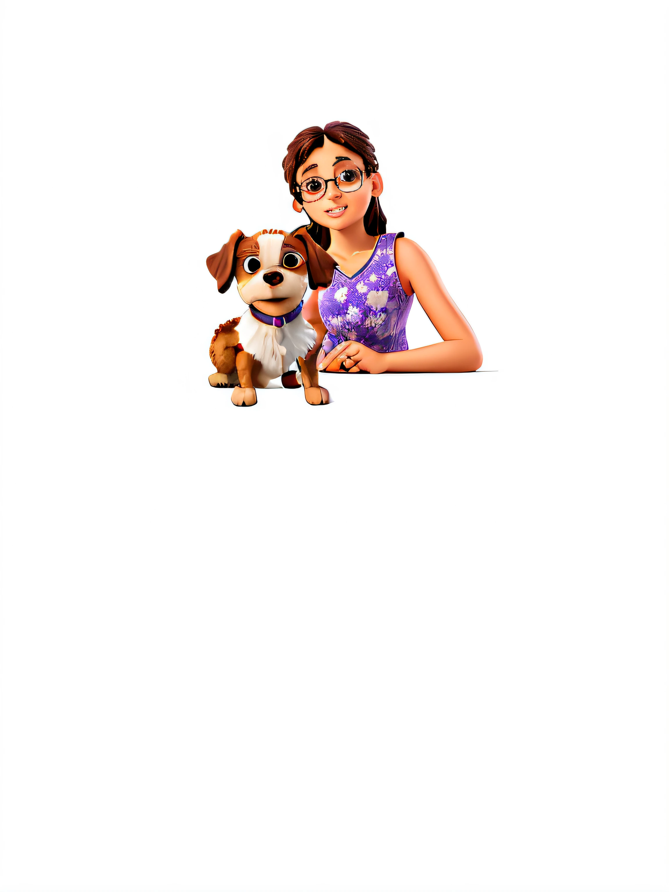 Brazilian girl with glasses and shitzu dog in white and brown color with a lilac background