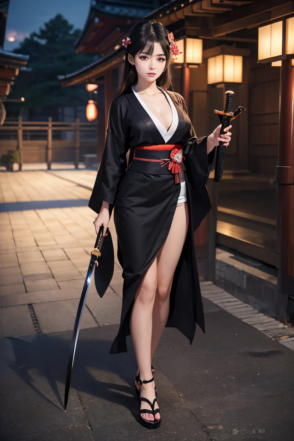 ((best quality, 8K, masterpiece)), ultra detailed, sharp focus, 1 beautiful girl, ((kimono)), (cleavage), ((holding japanese sword)), highly detailed face and skin texture, ((detailed eyes)), ((beautiful black eyes:1.2)), ((full body))