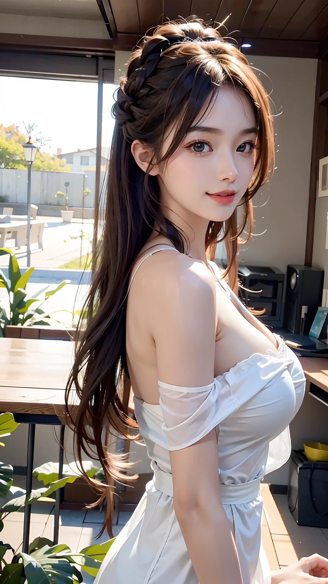 8K Ultra HD, masutepiece, Best Quality, beautiful  Girl, Long hair, Impressive hairstyle,  girl, ssmile, A sexy, large boob, lighting like a movie