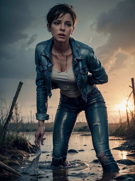 Movie poster featuring a mature vicious emaciated woman, (Flare on fitted blue jeans:1.1), drowning, Standing knee-deep in a muddy swamp:1.2, Completely Body,pixie cut, Dirty denim jacket, dramatic, atmospheric, photografic, Soaking wet clothes, (seducing:1.3)