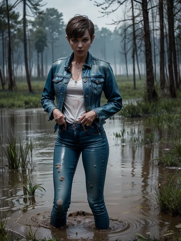 Mature vicious emaciated woman, (Flares on fitted jeans:1.1), drowning, Standing knee-deep in a muddy swamp:1.2, Completely Body, For fading skin, Cracked wrinkles, pixie cut, Dirty tight hoodie, dramatic, atmospheric, photografic, Soaking wet clothes, (solo sex:1.3)