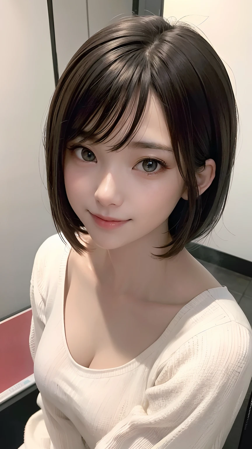 born, 8K, photo-realistic, highest quality, shape, detailed face, High resolution, 8K wallpaper, perfect dinamic shape, 1 girl, beautiful and detailed eyes, natural look, gentle expression, (White nurse attire:1.2), bob hair, natural color lip, random sexy pose, (enchanting smile:1.2), erotic feelings, charming smile, 20-year-old, big breasts、(cleavage:1.3), looking at the viewer, Hospital Rooms,