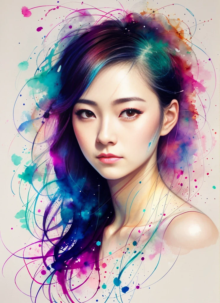 Uma pintura de MSE, Uma Mulher Chinesa por Agnes Cecile,(cara como raposa),design luminoso,cor pastel,gotas de tinta,Luzes de outono