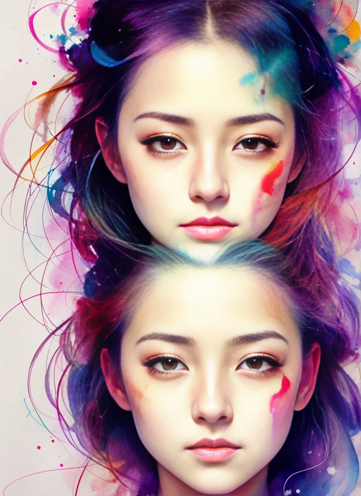 Uma pintura de MSE, Uma Mulher Chinesa por Agnes Cecile,(cara como raposa),design luminoso,cor pastel,gotas de tinta,Luzes de outono