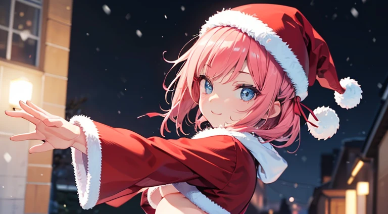 ((Ultra-detailed)), (top-quality),((masterpiece)), ((Super exciting)), ((8K)), ((extremely clear)), ((Very sophisticated)), (Anime quality), (3D), upper body, Japanese girl, a , Pink hair, Short ponytail, Hair Ribbon, Ahoge, drooping eyes, Blue eyes, Clear eyes, long eyelashes, Thin eyebrows, Beautiful breasts, a smile, closing mouth, cheek flash, White sigh, Clear Body, Clear eyes, Light shines in, gleaming, shiny glistening, natural skin texture, shine face, Dancing Snow, Emphasize the face, dynamic angle, looking at viewers, detailed face description, at night, winter snowing, look from side, Santa Claus, Santa Claus costume, passing a white present box, Christmas, at night, dark background, dark residential street background, midriff-baring, low angle